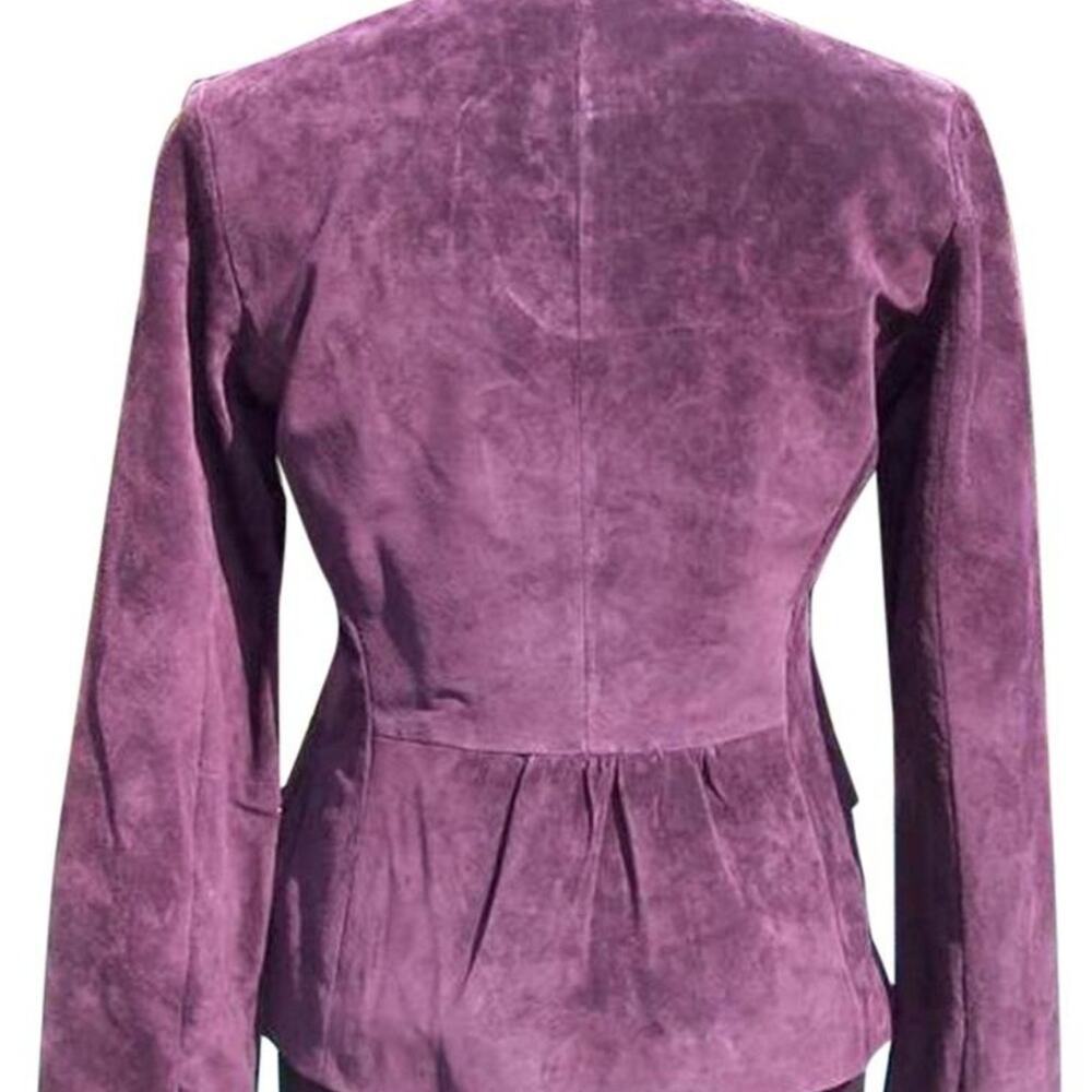 Cache Purple Fitted Leather Suede Jacket Top New Lined Banded Collar $248 NWT - Picture 5 of 15